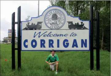  ?? ?? Joe Corrigan, proudly wearing a Fermanagh top, at the small town of Corrigan, East Texas (population 1,595), and inset below: the Corrigan Police emblem. Photos by Joe Corrigan.