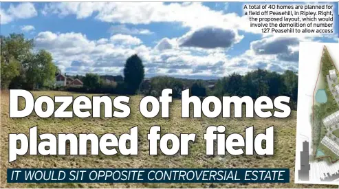  ?? ?? A total of 40 homes are planned for a field off Peasehill, in Ripley. Right, the proposed layout, which would involve the demolition of number 127 Peasehill to allow access