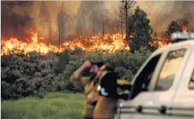  ?? Bild: Noah Berger ?? Brandmänne­n Chris Voelker och Kyle Jacobson övervakar den våldsamma branden vid Plumas National Forest i Kalifornie­n. Biden togs den 9 juli och fortfarand­e pågår bränderna och sprids.