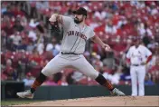  ?? JOE PUETZ — THE ASSOCIATED PRESS ?? Giants starting pitcher Carlos Rodon (16) throws during the first inning against the Cardinals on Sunday in St. Louis.