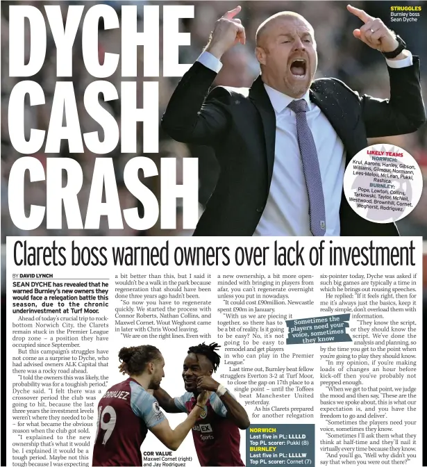  ?? ?? COR VALUE
Maxwel Cornet (right) and Jay Rodriguez
Last five in PL: LLLLD Top PL scorer: Pukki (8) BURNLEY
Last five in PL: LLLLW Top PL scorer: Cornet (7)
STRUGGLES Burnley boss Sean Dyche