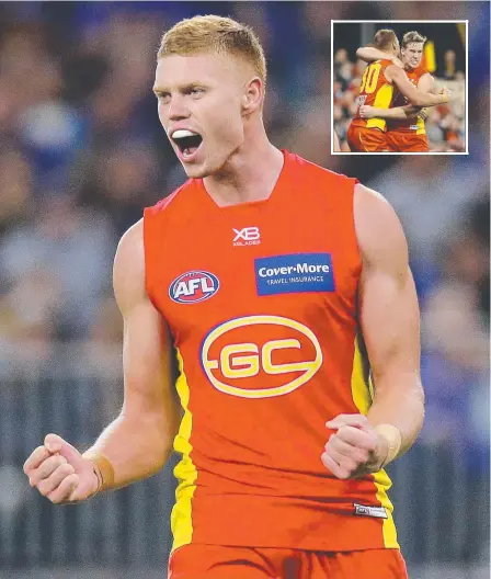  ?? Picture: AFL PHOTOS/GETTY IMAGES ?? Gold Coast’s Peter Wright gets pumped up after scoring a goal in the Suns’ defeat at West Coast Eagles on Saturday and (inset) celebratin­g a goal with Tom Lynch before Lynch’s departure to Richmond.