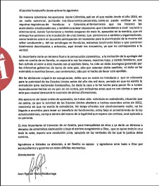  ??  ?? 2 El hondureño Juan Ramón Matta Waldurraga le envió una carta al pueblo hondureño en la cual confirma que se declaró culpable por el delito de conspiraci­ón, el cual es relevante para la justicia de Estados Unidos.