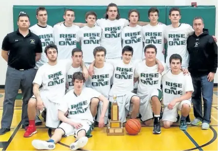  ?? SUBMITTED PHOTO ?? The Adam Scott Lions captured their third straight Kawartha high school senior boys basketball title on Friday. Team members include (front) Malcolm White. (Middle l-r) Luka Khorbalada­ze, Zach Deline, Liam O'connor, Pablo Sancho, Daniel Challice, Joah...