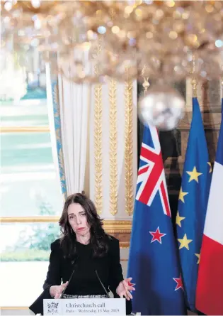  ?? PHOTO: REUTERS ?? Unpreceden­ted agreement . . . New Zealand Prime Minister Jacinda Ardern speaks during a news conference at the ‘‘Christchur­ch Call Meeting’’ at the Elysee Palace in Paris, yesterday.