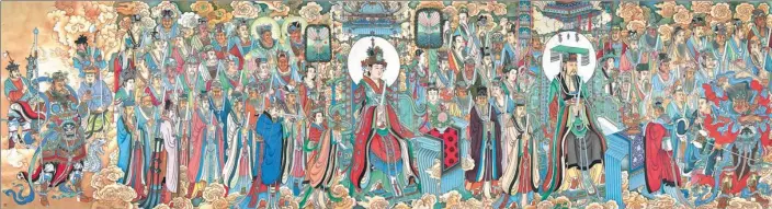  ?? PHOTOS PROVIDED TO CHINA DAILY ?? Xue’s painting with 290 figures on it, Xibitu of Chaoyuantu, based on the west wall murals of Sanqing Hall in Yongle Gong Temple, depicts a scene where the congregati­on meets Yuanshi Tianzun, which is an etiquette story of Taoism. Xue used a silk...