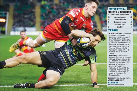  ?? PICTURE: Getty Images ?? He’s in: Juan Pablo Estelles scores Saints first try despite the efforts of Joe Goodchild