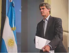  ??  ?? BUENOS AIRES: This file photo taken on April 19, 2016 shows Finance Minister Alfonso Prat-Gay after giving a press conference at Casa Rosada Government Palace in Buenos Aires. — AFP