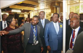  ??  ?? ZINWA chief engineer Waddilove Mandiziba (centre) shows President Mnangagwa and Environmen­t, Water and Climate Minister Oppah Muchinguri-Kashiri (left) their operations during a Water Resources Infrastruc­ture Investment Conference and National Climate...