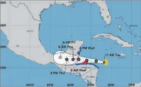  ?? ?? Posible trayectori­a de la tormenta tropical “Lisa”, que este mismo día tocaría tierra en las costas de Belice