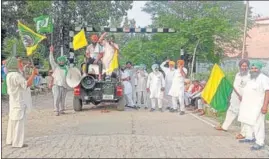  ?? HT PHOTO ?? Protesters raising slogans at Dhanowali village in Jalandhar district on Sunday.