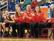  ?? AUSTIN HERTZOG - DIGITAL FIRST MEDIA ?? Boyertown assistant coaches, from right, Kelly Furman, Troy Sweisfort and Jackie Miller cheer on the Bears during the state championsh­ip game Friday at Giant Center in Hershey.