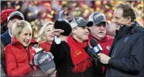  ?? JEFF ROBERSON — THE ASSOCIATED PRESS ?? Norma Hunt, left, and her son Clark Hunt, center, owners of the Chiefs, and coach Andy Reid, second right, celebrate on Sunday.