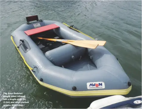  ??  ?? The Avon Redstart dinghy when inflated has a length of 8ft 2in (2.5m) and when packed weighs 36lb (16kg)