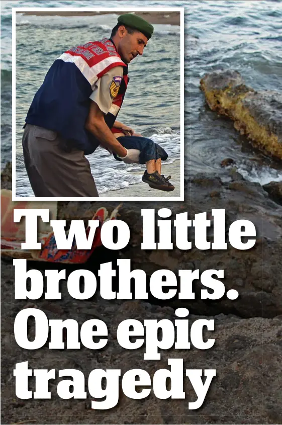  ??  ?? The human cost: A policeman on a Turkish beach gently recovers the bodies of two brothers drowned as their family tried to make their