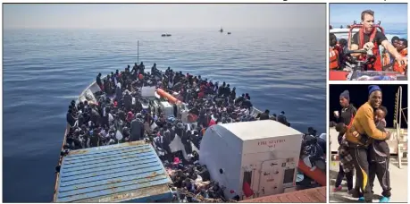  ?? (Photos Patrick Bar/SOS Méditerran­ée) ?? Le pont avant de l’Aquarius. Il ne restait, dimanche, plus une place à bord. En haut à droite, Ronan Loiseau, un des héros des équipes de sauvetage. Dessous, la joie des retrouvail­les pour les naufragés.