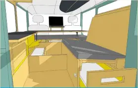  ??  ?? With experience in 3D design programmes, Matt was able to measure up and model his dream Defender before building it. Currently the interior consists of three main sections: a foldable desk and seat; side worktop/storage area; and configurab­le bed/sofa.