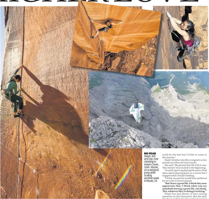  ??  ?? NO FEAR Steph, left and top, free climbing in Indian Creek, Utah. Above, on a wingsuit jump after scaling another peak in Moab, US