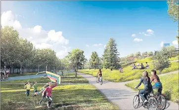  ?? SAND HILL PROPERTY COMPANY ?? Cupertino is moving on to the feasibilit­y study stage for a network of bike lanes and protected pedestrian trails in the city. The proposed trail would run east to Vallco Parkway near Main Street. Above is a rendering for the Hills at Vallco project.