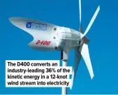  ??  ?? The D400 converts an industry-leading 36% of the kinetic energy in a 12-knot wind stream into electricit­y