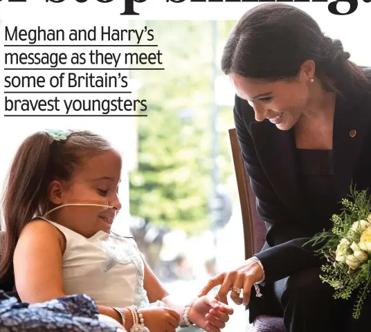  ??  ?? A touching moment: Meghan with seven-year-old Matilda Booth, who has spina bifida, at the WellChild awards last night