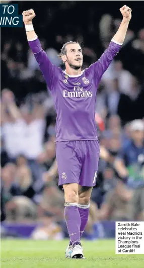  ??  ?? Gareth Bale celebrates Real Madrid’s victory in the Champions League final at Cardiff