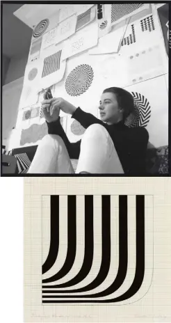  ??  ?? Top: Bridget Riley in her studio in 1964. Above:
her ‘Study ’66 R+Angle Curve No 1’ (1966)