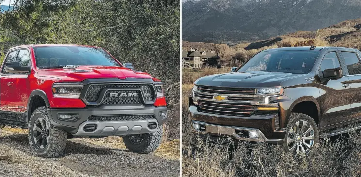  ?? FCA / GENERAL MOTORS ?? The 2019 Ram Rebel, left, and the 2019 Chevrolet Silverado are likely to give perennial pickup leader Ford a run for its money, Derek McNaughton writes.