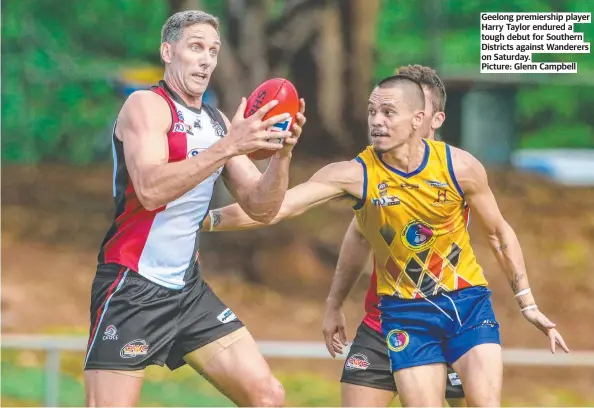  ?? ?? Geelong premiershi­p player Harry Taylor endured a tough debut for Southern Districts against Wanderers on Saturday.
Picture: Glenn Campbell