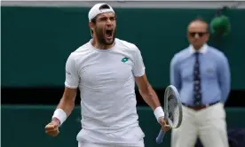  ?? Photograph: Tom Jenkins/The Guardian ?? Matteo Berrettini celebrates his victory over Hubert Hurkacz, which contained 22 aces and 60 winners.