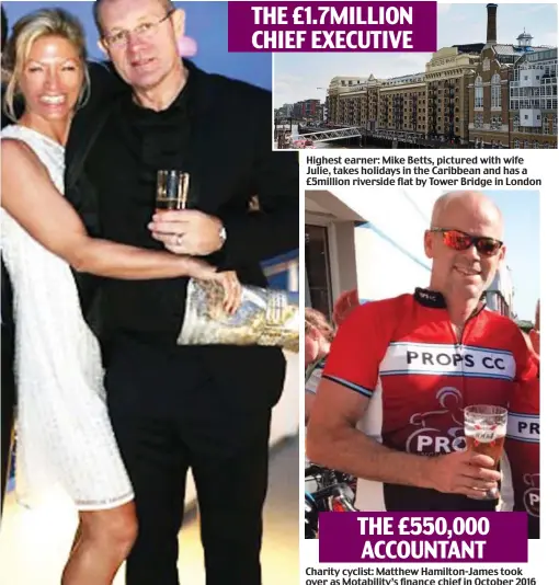  ??  ?? THE £1.7MILLION
CHIEF EXECUTIVE Highest earner: Mike Betts, pictured with wife Julie, takes holidays in the Caribbean and has a £5million riverside flat by Tower Bridge in London THE £550,000 ACCOUNTANT Charity cyclist: Matthew Hamilton-James took...