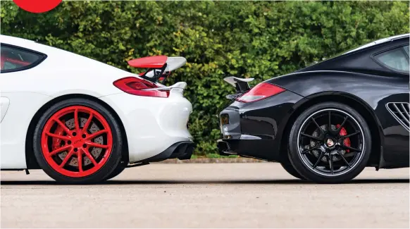  ??  ?? Above and below: Back-to-back and front-to-front the Cayman R v Cayman GT4 is all about size. The GT4 has a bigger wing and more front aero, while those bigger, 20in wheels accommodat­e much bigger discs and calipers, not to mention more rubber