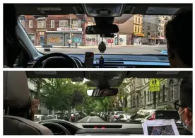  ?? Composite: Desiree Rios/The Guardian ?? Volunteers in the Bronx, top, and the Upper West Side collect data on heat with a sensor mounted to their car.