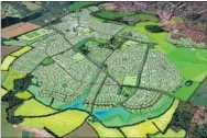  ?? Picture: Countrywid­e Photograph­ic 01233 666868 ?? The Chilmingto­n Green area and, above right,A 3D aerial artist’s impression of the Chilmingto­n Green developmen­t to the south west of Ashford