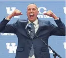  ?? SAM UPSHAW JR./COURIER JOURNAL ?? Former Kentucky basketball player and new head coach Mark Pope was animated during his announceme­nt at Rupp Arena in Lexington, Ky., on Sunday.