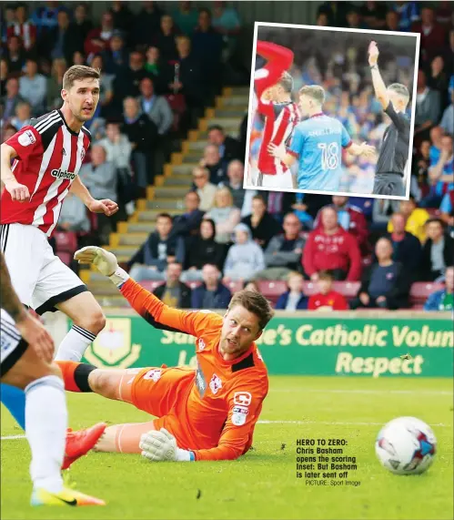  ?? PICTURE: Sport Image ?? HERO TO ZERO: Chris Basham opens the scoring Inset: But Basham is later sent off