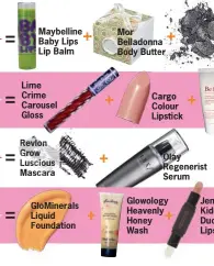  ??  ?? Lime Crime Carousel Gloss Revlon Grow Luscious Mascara Glomineral­s Liquid Foundation Cargo Colour Lipstick Olay Regenerist Serum Glowology Heavenly Honey Wash Jemma Kidd Duo Lipstick