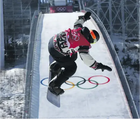  ?? JEAN LEVAC ?? Mark McMorris of Regina has a great view of the Alpensia Ski Jumping Centre during practice for the men’s big air snowboard event during training Saturday.