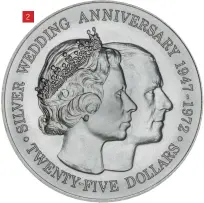  ??  ?? 2
Figure 2: This Cayman Islands $25 coin was issued by the Royal Canadian Mint to mark the 25th wedding anniversar­y of Queen Elizabeth II and Prince Philip. Before 1972, the Cayman Islands used Jamaican coins, and this was the firs time a living person, other than the monarch had appeared on a British coin for 300 years