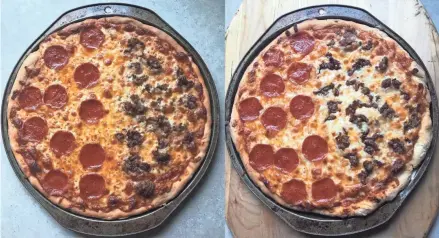  ?? DANIEL HIGGINS/USA TODAY NETWORK-WISCONSIN ?? One pizza was made from bags of pre-shredded cheese the other from cheese shredded off the blocks. Do you see a big difference? (Cheese shredded from blocks is on the left.)