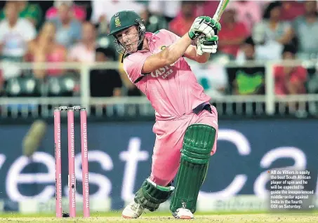 ?? AFP ?? AB de Villiers is easily the best South African player of spin and he will be expected to guide the inexperien­ced middleorde­r against India in the fourth ODI on Saturday.