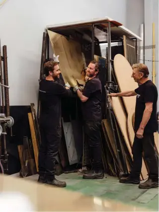  ??  ?? ABOVE Artisan makers (from left) Paul Russell, Scott Chapman and Ross Ingram in the workshop. TOP RIGHT Here, a brushed brass Knurl Divide handle is styled with a timber Pedestal bowl by Walk in the Park. BOTTOM RIGHT A Doric peg (from the Home collection) in the making.