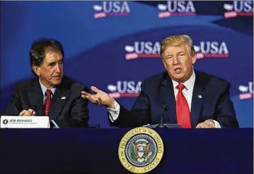  ?? GETTY IMAGES ?? Rep. Jim Renacci, R-Wadsworth, here with President Donald Trump, won the Republican Senate primary, but he received less than 50 percent of the votes in a multi-candidate field. Experts say he’ll need to raise his name identifica­tion in order to beat Sen. Sherrod Brown in November.