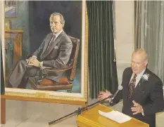  ?? BRYAN SCHLOSSER ?? Some 26 years after he left office, a new report takes a retroactiv­e look at investment­s made by the government of former Premier Grant Devine, pictured at the 2005 unveiling of his official portrait.