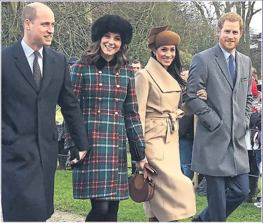  ??  ?? Prince William with Kate and Meghan Markle with Prince Harry making their way to church at Sandringha­m yesterday