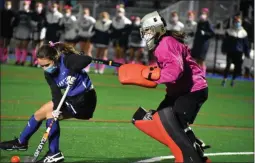  ?? GROUP KYLE ADAMS — MEDIANEWS ?? Saratoga goalie Emma Piccirillo competes in a shootout against Shaker on November 4, 2020, holding the Blue Bison to one goal in five attempts.