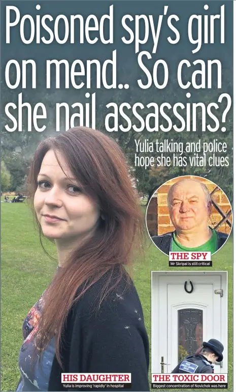  ??  ?? HIS DAUGHTER Yulia is improving ‘rapidly’ in hospital THE SPY Mr Skripal is still critical THE TOXIC DOOR Biggest concentrat­ion of Novichok was here