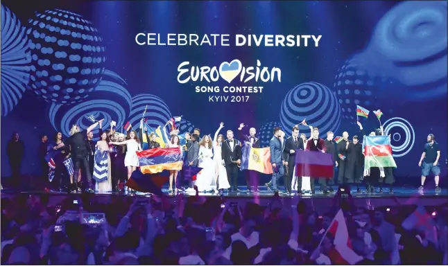  ?? (AFP) ?? Finalists react onstage after competing in the first semifinal of the Eurovision Song Contest 2017 at the Internatio­nal Exhibition Centre in Kiev on May 9.