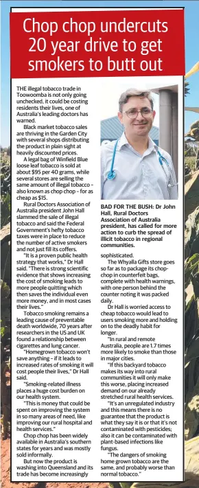  ?? ?? BAD FOR THE BUSH: Dr John Hall, Rural Doctors Associatio­n of Australia president, has called for more action to curb the spread of illicit tobacco in regional communitie­s.