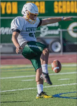  ?? Bobby Block/The Signal ?? Canyon High’s punter and kicker Jarrett Reeser averaged 47 yards per punt last season, and went 6-of-7 on field goal attempts for the Cowboys.